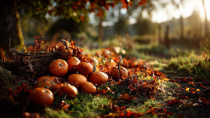 Pumpkins on autumn ground in warm sunlight