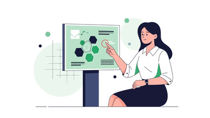 professional woman analyzing scientific data on digital screen during presentation