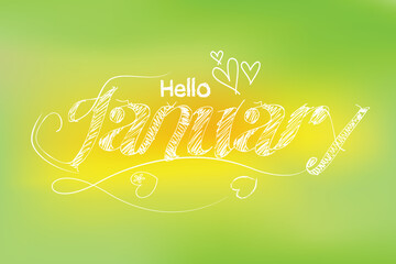 Hello January hand lettering, Graffiti style drawing. paint brush writing hello January, January welcome quote with leaves, Hello January design for cards, banners, posters.eps