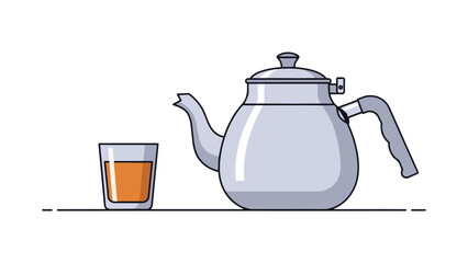 Traditional indian chai kettle with handle and single glass of orange liquid resting on line flat design illustration isolated