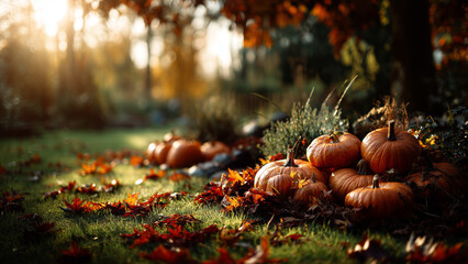 Pumpkins and fallen leaves on grass at sunset
