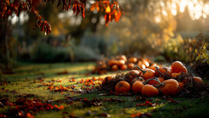 Group of pumpkins in meadow with soft morning light