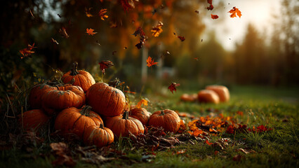 Close up pumpkins with autumn foliage and copy space