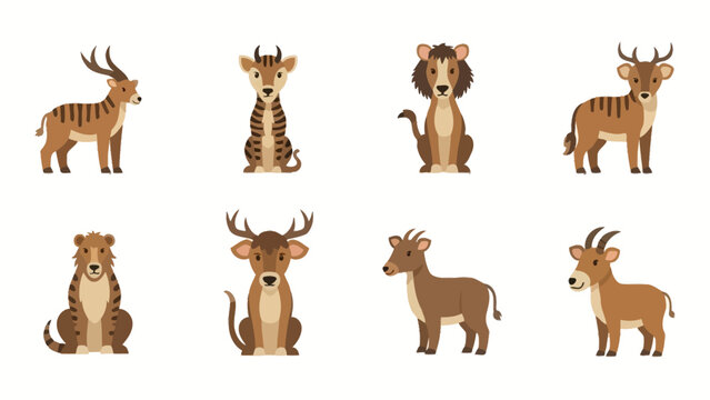 Collection of cute cartoon animal vector illustrations with deer and goat variations isolated on