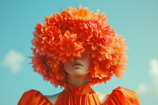 Mujer con tocado de flores naranja sobre fondo celeste, Retrato editorial de modelo con flores cubriendo el rostro, Campa&ntilde;a publicitaria de moda y belleza