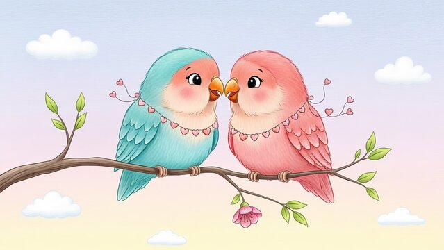 Whimsical Lovebirds in Heart Garland, Pastel Sky