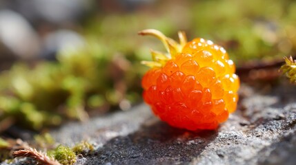 A single vibrant orange cloudberry resting on a textured surface with blurred green moss and foliage in the background