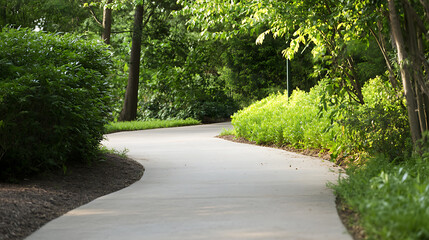 Obraz premium A winding concrete path through a lush green park setting invites exploration and relaxation under the dappled sunlight filtering through the trees. Serenity awaits!