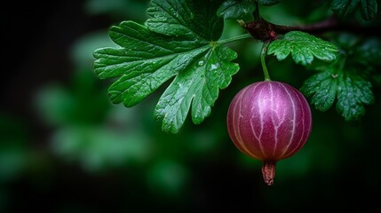 A single ripe purple gooseberry with green leaves on a branch, showcasing natural freshness and detail.