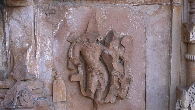 intricate carvings and Beautiful stone sculptures at the temple, within the Sahastra Bahu(SasBahu) Temple at Gwalior Fort, Asia its an a UNESCO World Heritage Site