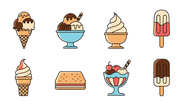 Variety of delicious cartoon-style ice cream desserts featuring cones, cups, sandwiches, and