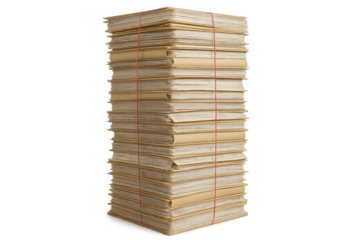 Stack of old archival folders bound with red string, representing bureaucracy, paperwork, and record-keeping on a transparent background