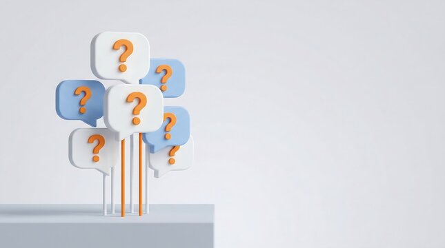 A creative cluster of speech bubbles with question marks conveying thought and inquiry. - Powered by Adobe
