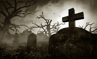 sunrise in the morning through dense fog in a cemetary, 3D animation
