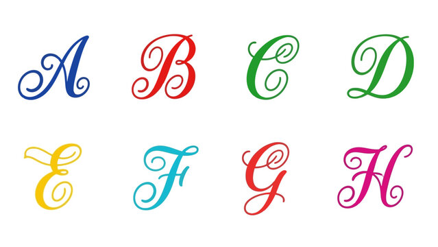 Elegant colorful calligraphy alphabet letters from a to h on a white background
