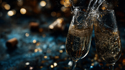 Elegant champagne flutes with bubbles and warm lights