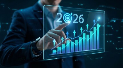 Businessman analyzing futuristic growth chart for 2026