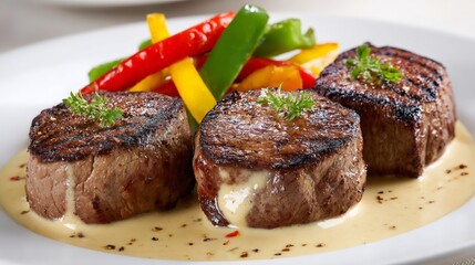 Grilled filet mignon beef steaks with sauce and peppers