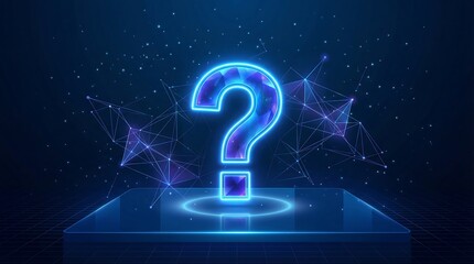 Glowing blue question mark on futuristic platform with neon connections