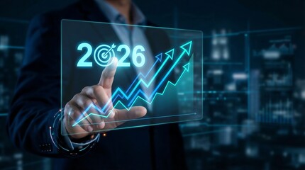 Businessman interacting with futuristic digital graph and 2026 projection