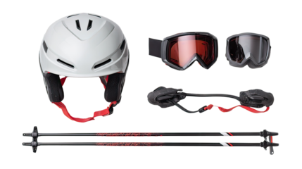 Flat lay of premium ski equipment helmet with red trim on transparent background