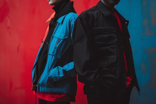 Dos personas espalda con espalda con chaquetas de moda, Est&eacute;tica dark y color block para publicidad de moda, Modelos con ropa urbana sobre fondo rojo y azul, Editorial de moda cyberpunk