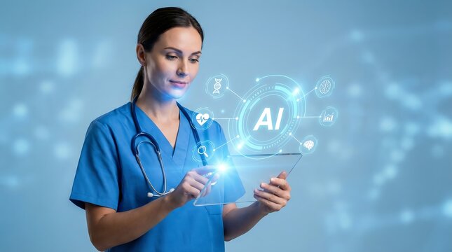 Female healthcare professional interacting with futuristic AI interface - Powered by Adobe