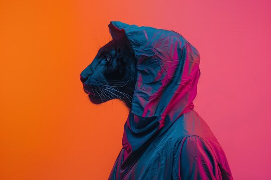 Pantera negra con chubasquero bajo luz de ne&oacute;n, Campa&ntilde;as de moda urbana con animales, Imagen conceptual para editorial de tendencias, Est&eacute;tica cyberpunk con animales