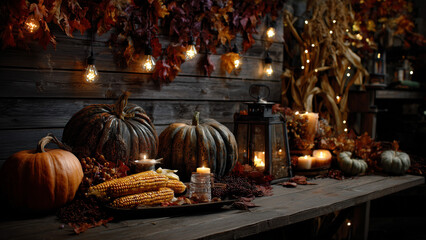 Harvest arrangement with pumpkins and dried flowers on table