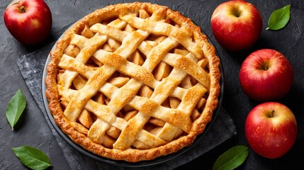 Fresh baked apple pie with lattice crust on dark background