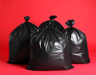 Four tied-up black garbage bags are displayed against a vibrant red backdrop, tightly sealed for waste disposal. The bags have a glossy finish