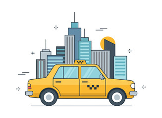 Naklejka premium Yellow taxi car driving through city buildings