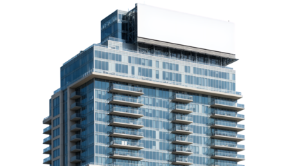 Modern apartment building with numerous balconies isolated on transparent background viewed from below