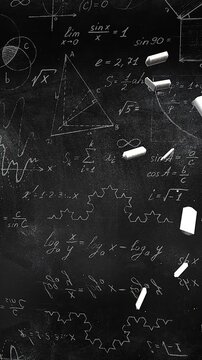 Creative Scene With Falling Chalk, Dynamic Educational Setting Showing Chalk Debris And Geometric Drawings In Monochrome Tone