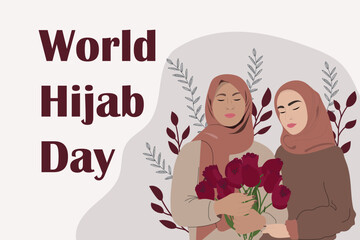 World Hijab Day. Arab mom and adult daughter vector illustration