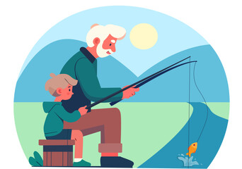 Illustration Grandfather and Grandson Fishing Together