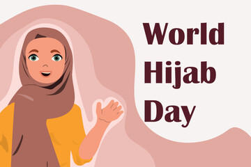 World Hijab Day with girl. Template for banner, poster, postcard in yellow and grey colors. Vector illustration