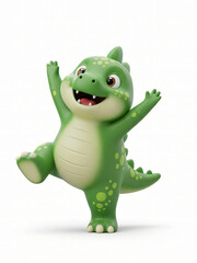 Fototapeta premium Adorable cartoon green dinosaur character with a cheerful expression and playful pose, isolated on a white background