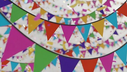Vibrant and cheerful illustration of colorful bunting flags and scattered confetti, creating a dynamic backdrop perfect for celebrating any joyous occasion or festive event with a lively spirit