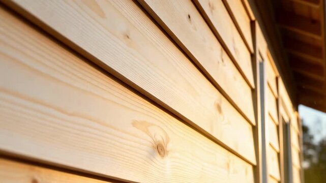 Medium closeup of pine wood siding panels highlighting smooth grain and light hues ideal for versatile building facades.