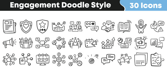 Collection of thirty hand drawn doodle style icons representing business engagement marketing feedback and achievement on transparent background