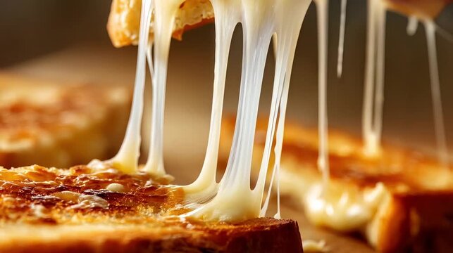 Melted cheese pull from a toasted grilled cheese sandwich