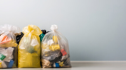 An image shows bags of garbage. These bags are filled with assorted garbage and the colors include: white, yellow, black, and brown. The bags are tightly sealed.