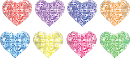 Disco Hearts in Different Colors &ndash; Shiny Party Heart Shapes PNG on Transparent Background