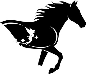 Fototapeta premium Majestic silhouette of a galloping horse with a whimsical fairy and sparkling stars within its form, evoking fantasy and freedom.
