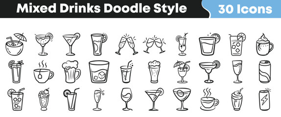 Hand drawn collection of 30 mixed drinks icons featuring cocktails mocktails beer tea and coffee beverages on transparent background