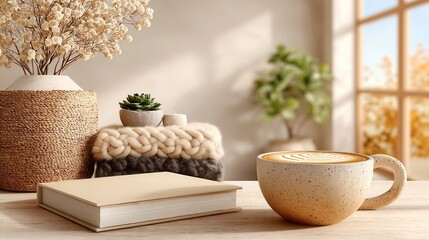 Cozy home workspace, minimalistic desk with plants and warm light, inviting atmosphere for productivity and relaxation.