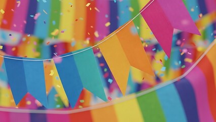 Vibrant Rainbow Flags and Sparkling Confetti Adorn a Cheerful Festive Scene, Symbolizing Joyful Celebration and Inclusivity