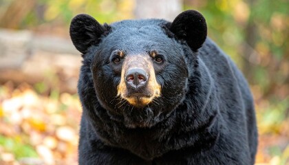 Fototapeta premium Close-up portrait of a black bear with a golden-toned muzzle in a natural forest setting, highlighting strength, calm awareness, and wildlife beauty. Ideal for nature, conservation, and animal themes.