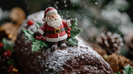 Close-up of a chocolate yule log cake decorated with a miniature Santa Claus figurine, holly leaves, and a dusting of powdered sugar to resemble snow 